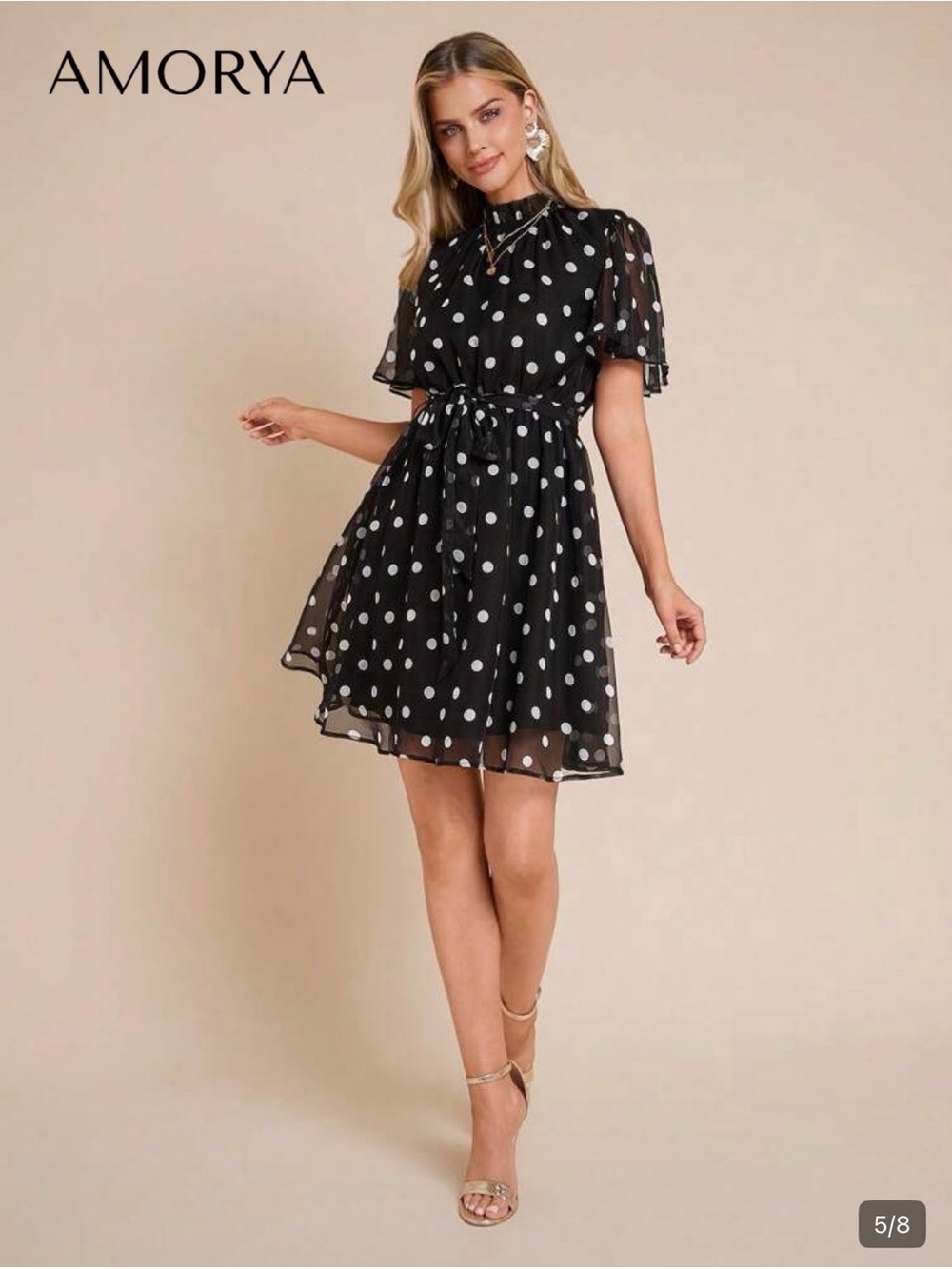 SHEIN Black and White Polka Dot Tie-Front Mini Dress